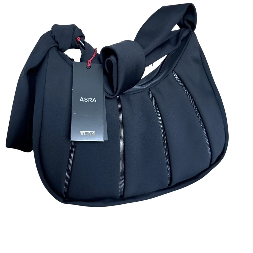 TUMI Asra Small Hobo Bag Black Nylon Pleated Knotted Shoulder Strap Handbag NEW